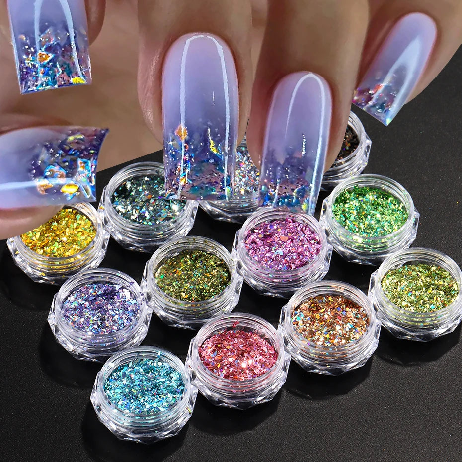 12pcs Irregular Holographic Nail Art Glitter Sequins Sparkly Nail Flakes Foil Glitter Powder Mermaid Makeup Manicure Decorations