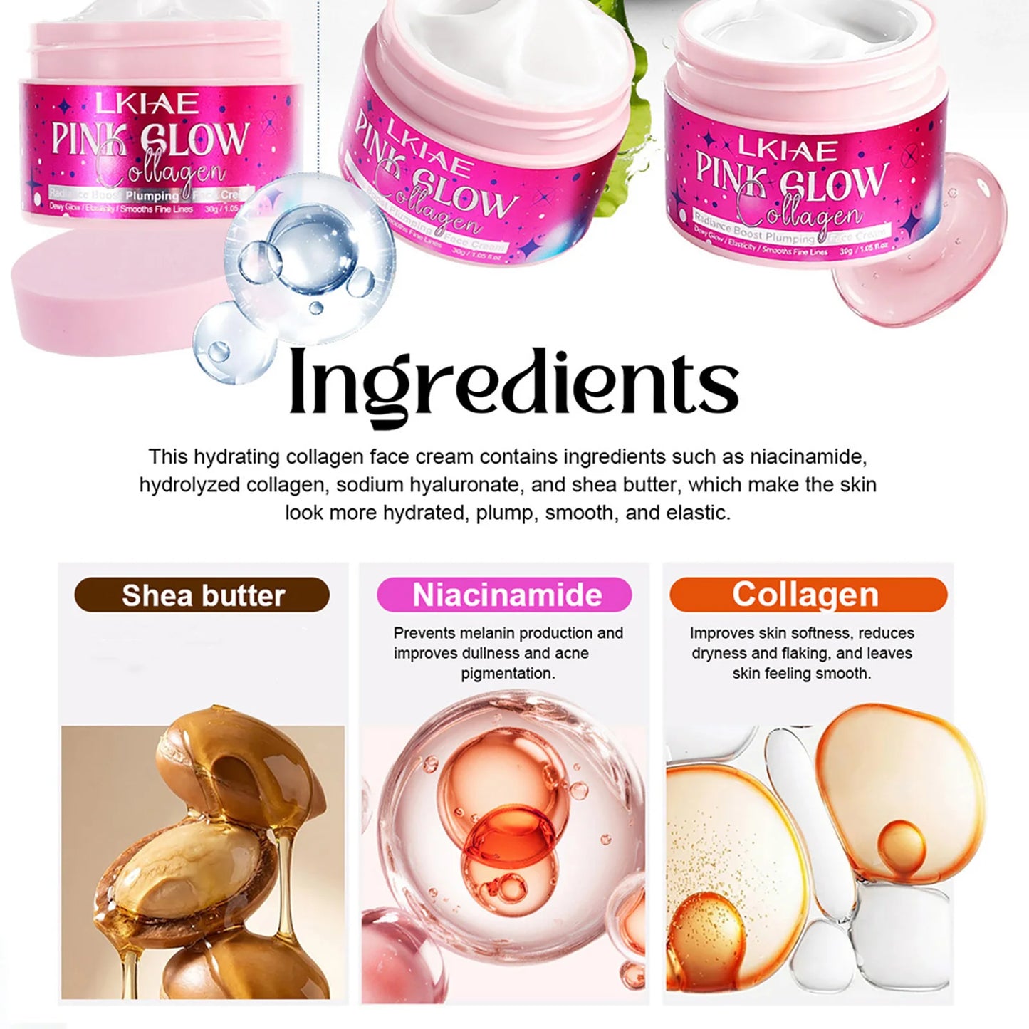 LKIAE Pink Glow Women Facial Cream, Brightening, With Shea Butter, Niacinamide, Collagen, For All Skin, Even Sensitive Skin
