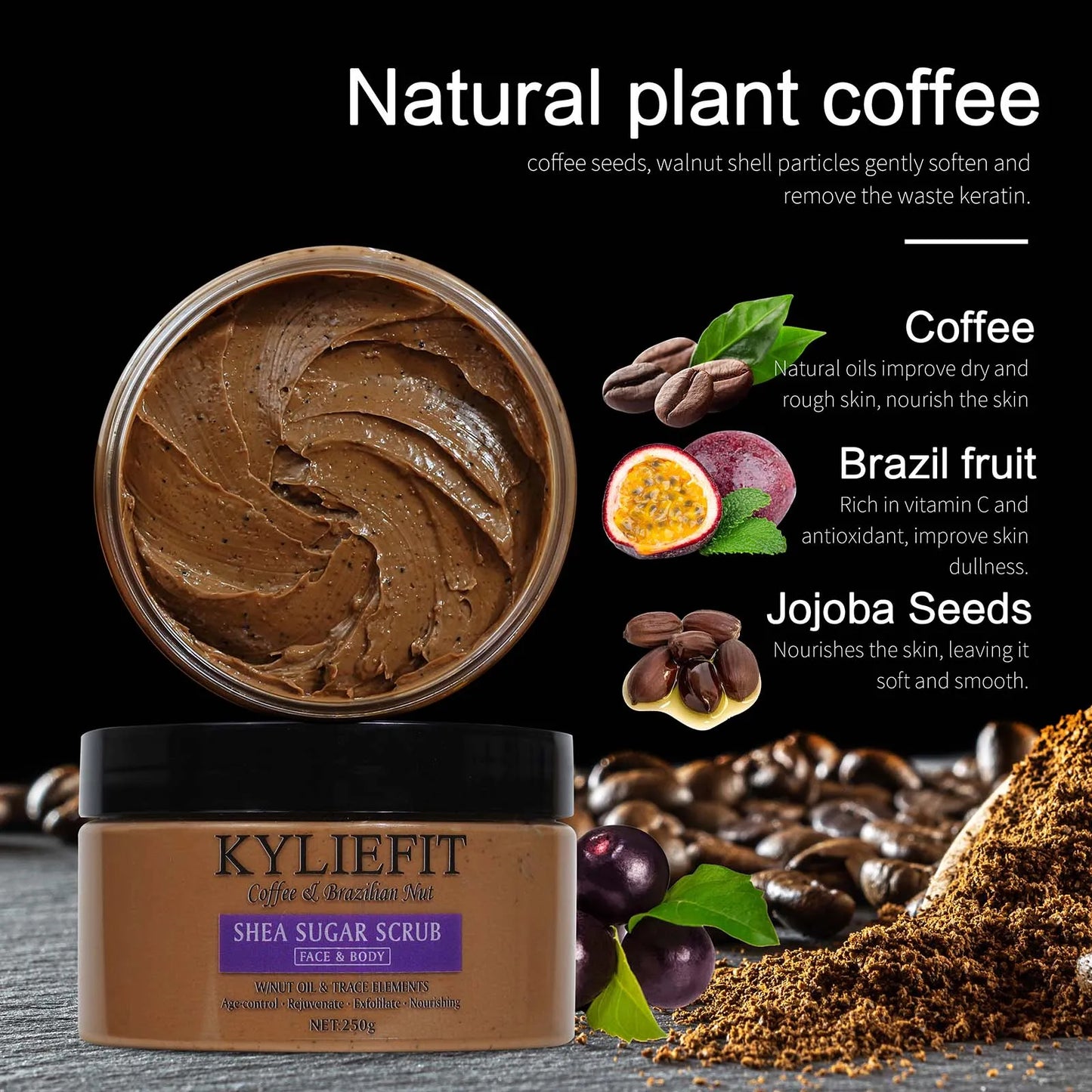 KYLIEFIT Natural Exfoliating Salt Body and Face Scrub, Lightening, Moisturizing, Remove Dark Spots, Acne, Stains, Wrinkles, 250g
