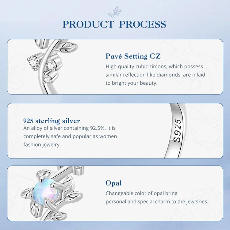 BAMOER 925 Sterling Silver Leaf Ring White Opal Rings Elegant Vine Ring for Women Birthday Gift with Jewelry Box BSR309