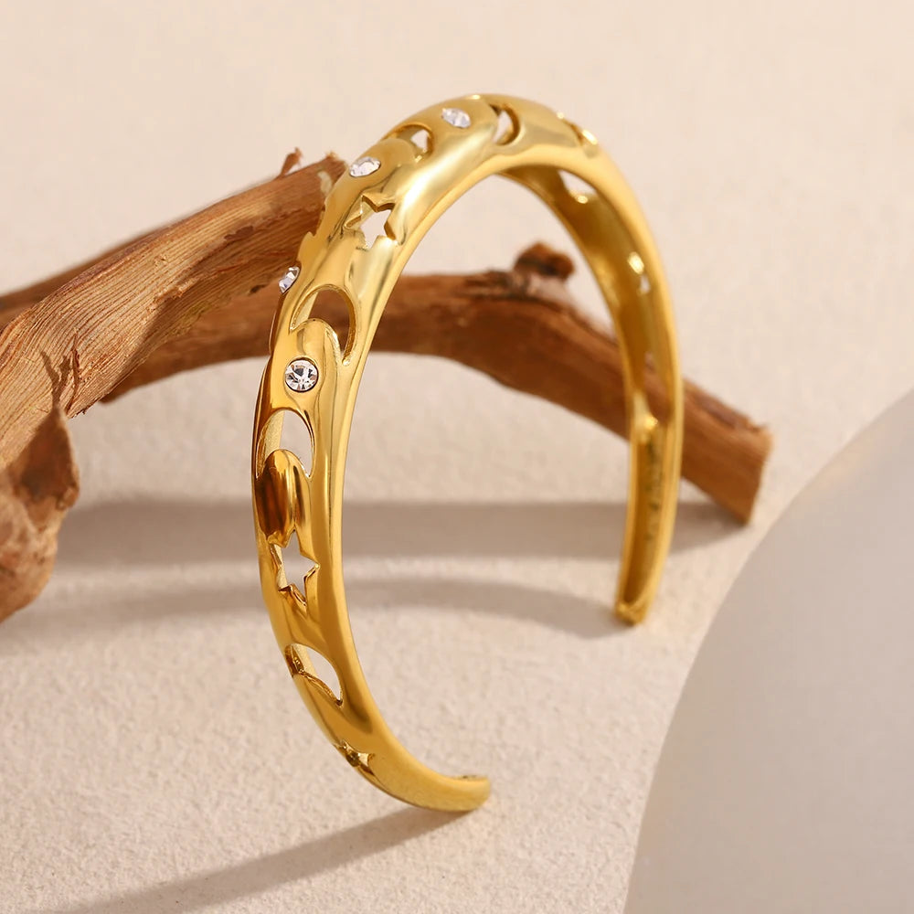 MamacitaSlay 316L Stainless Steel Star Moon Zircon Open Bracelet Party Waterproof 18K Gold Plated Jewelry Women's Charm Bracelet