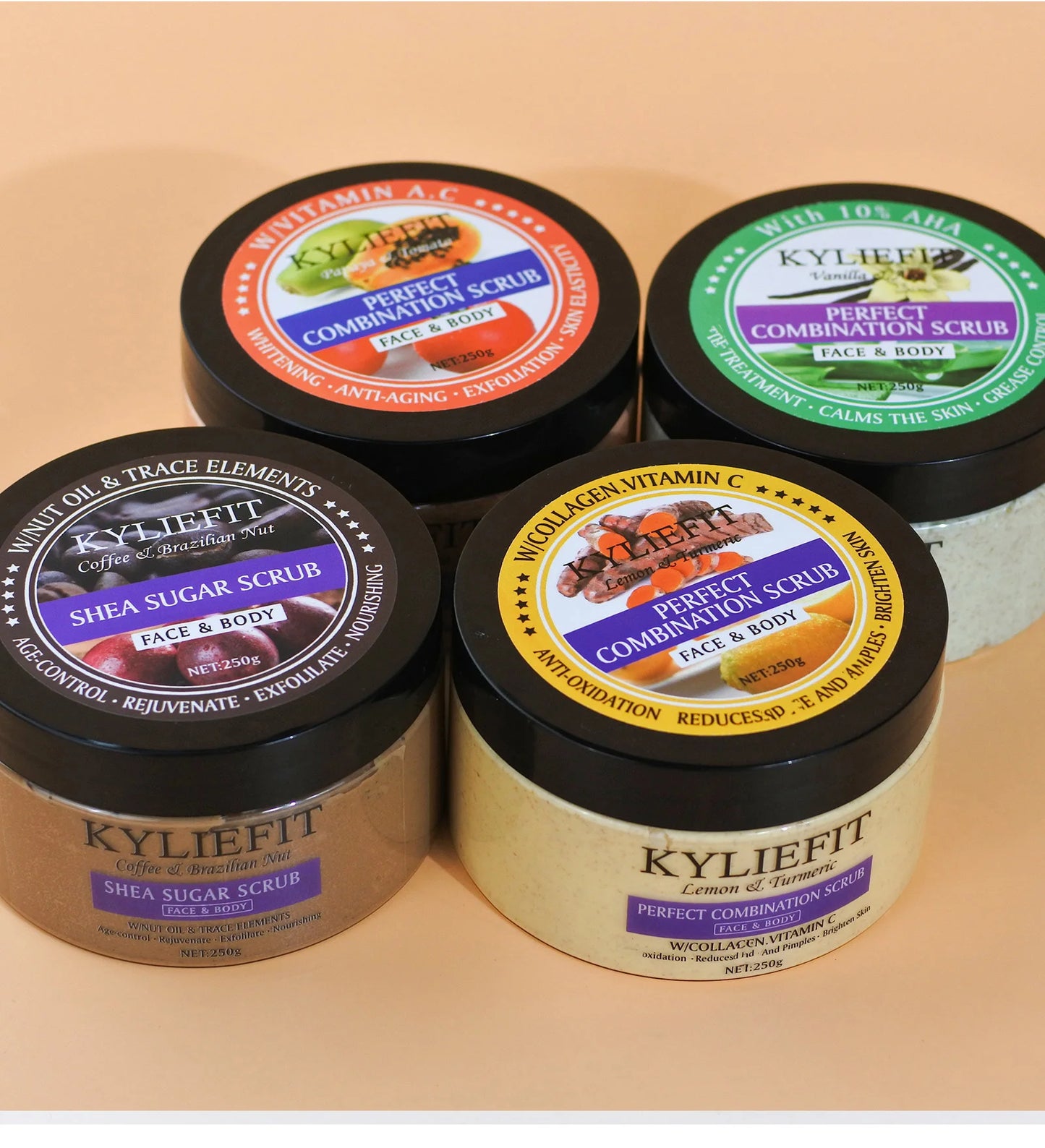 KYLIEFIT Natural Exfoliating Salt Body and Face Scrub, Lightening, Moisturizing, Remove Dark Spots, Acne, Stains, Wrinkles, 250g