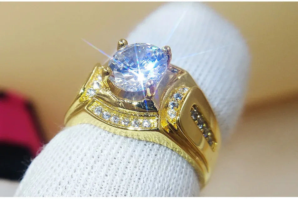 Gold Color Wedding Male Rings for Men Jewelry Crystal Ring Cubic Zirconia party Anillos Jewellery Sale New Year Gifts size 6-12