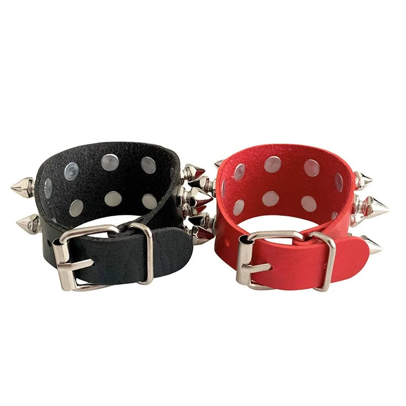 Gothic PU Leather Bracelet Two Row Cuspidal Spikes Rivet Stud Wide Cuff Punk Gothic Rock Unisex Wristbands Men Jewelry Gifts