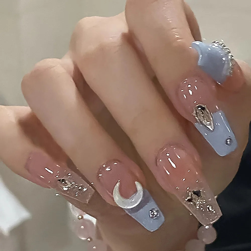 24Pcs+tools sea blue fake nails 3D moon rhinestones press on nails long coffin wearable false nail full cover luxury nails patch
