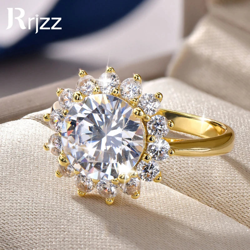 Rrjzz 9MM CZ Lab Diamond Sunshine Flower Ring 5A Cubic Zirconia Sunflower Ring for Women Valentine's Day Birthday Jewelry Gifts