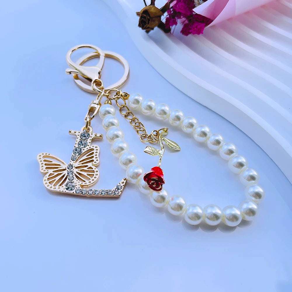 Exquisite Initial A-Z 26 Butterfly Capital Letters Red Rose Keyring Crystal Resin Pearl Beaded Keychain Bag Pendant Women Gift