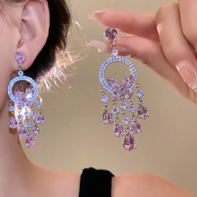 Creative Round Butterfly Earrings for Women Sparkling Rhinestone Water Drop Tassel Earring Elegant Fashion Jewelry Dress Gift C1