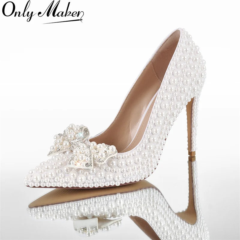 Onlymaker Women White Pointed Toe Bridal Pumps Slip-On Pearl Crystal Thin Heels Party Wedding Bride Stiletto Shoes