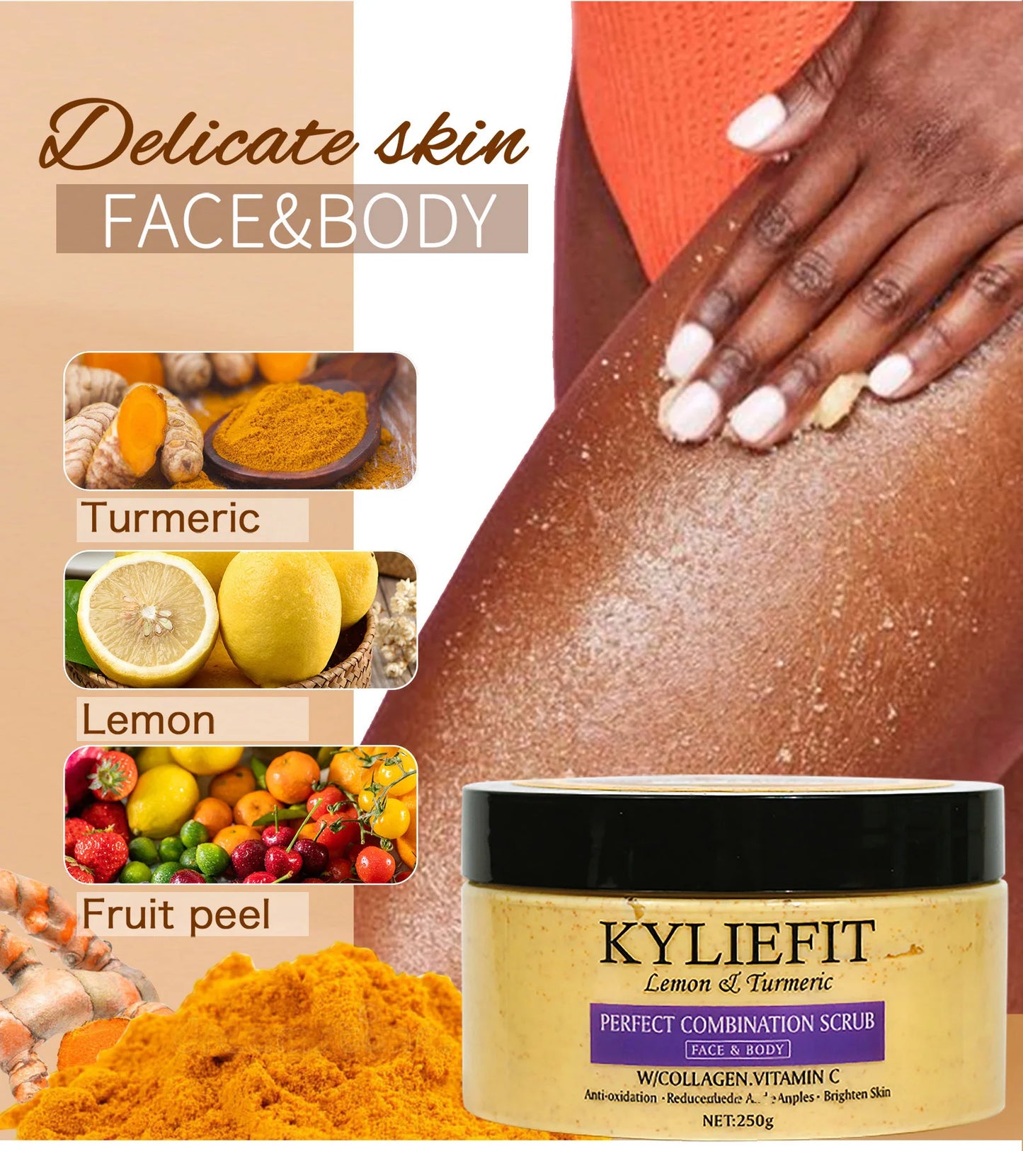 KYLIEFIT Natural Exfoliating Salt Body and Face Scrub, Lightening, Moisturizing, Remove Dark Spots, Acne, Stains, Wrinkles, 250g