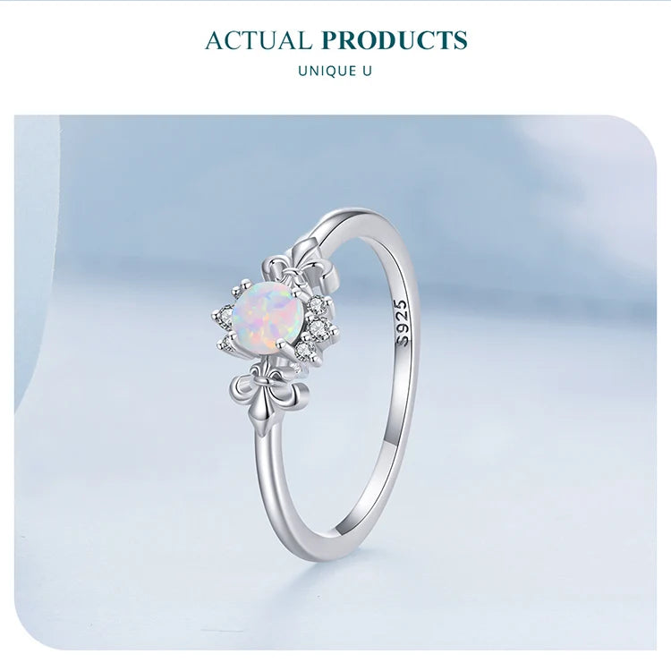 BAMOER 925 Sterling Silver Leaf Ring White Opal Rings Elegant Vine Ring for Women Birthday Gift with Jewelry Box BSR309