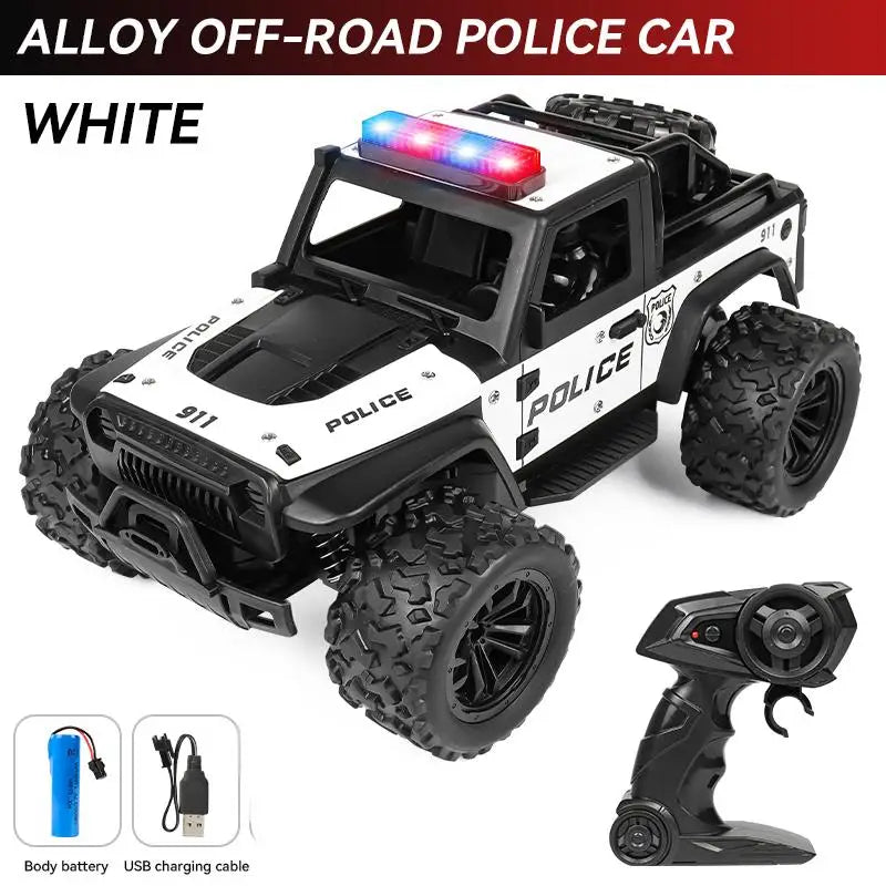 1:16 Alloy High Speed Off-Road Police Truck RC Car with Music Sound and LED Lights Outdoor Toy 2.4G Remote Control Cars