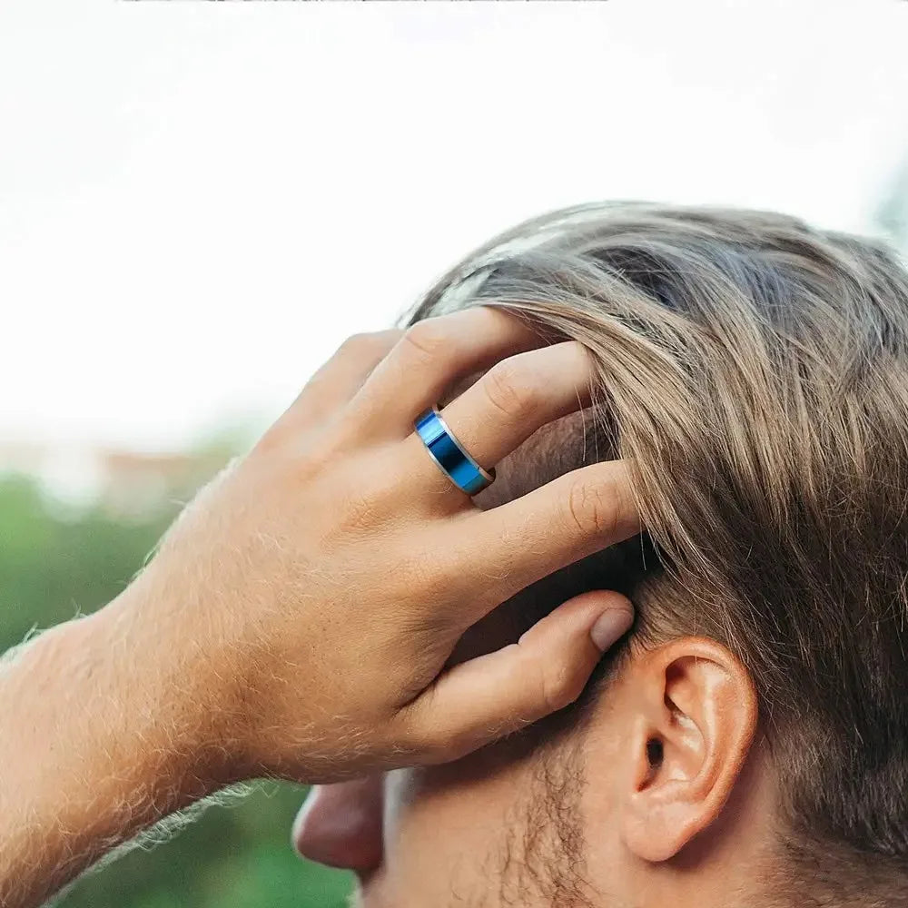 Fashion Blue Color Stainless Steel Rings For Men Blue Brushed Beveled Edge Steel Engagement Rings Men Wedding Band Jewelry Gift