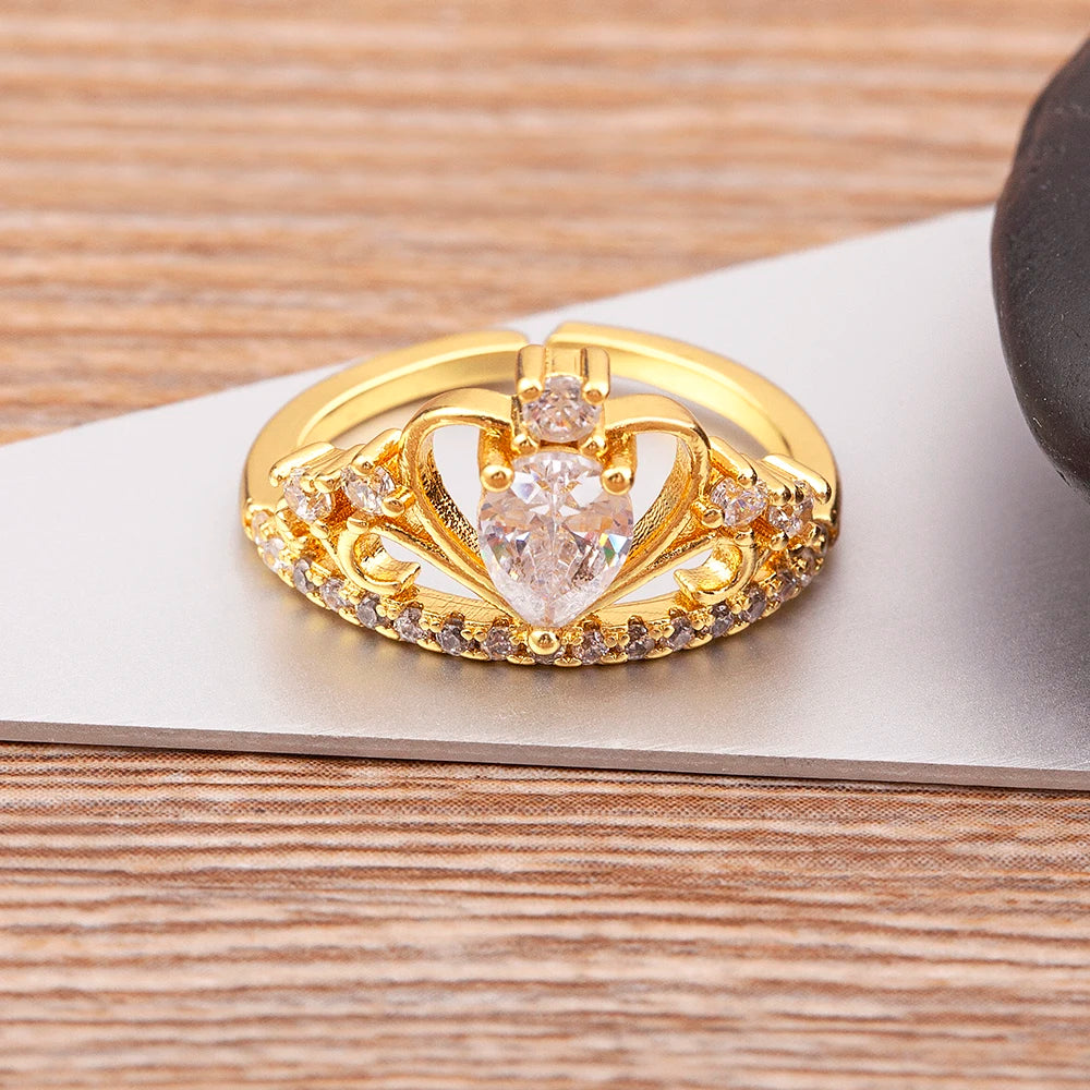 Nidin New Design Crown-Shaped Hollow Inlaid Shiny Rhinestone Open Ring Women Temperament Zircon Adjustable Jewelry Wedding Gift