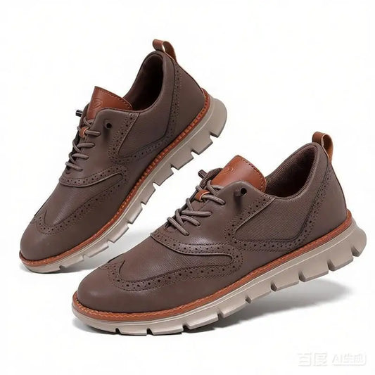 Men's Leather Casual Sneakers Brogue Shoes Stylish Oxford Shoes Brown with Brown Accents Lace-Up Big Size 50 51 52 Dropshiping