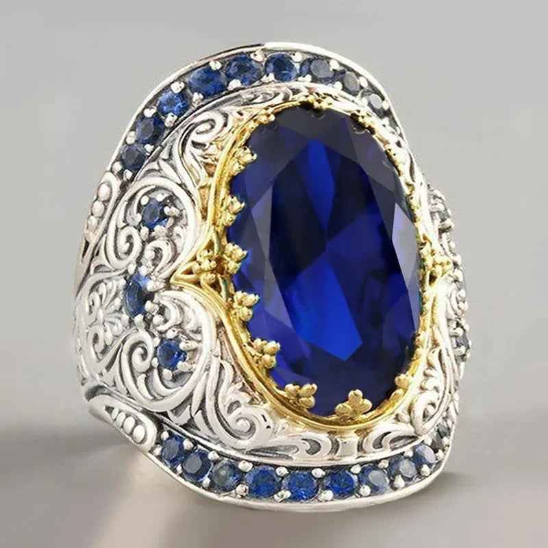 2026 Women's Bohemian Style Retro Exaggerated Texture Zircon Ring European And American Two Tone Accessory