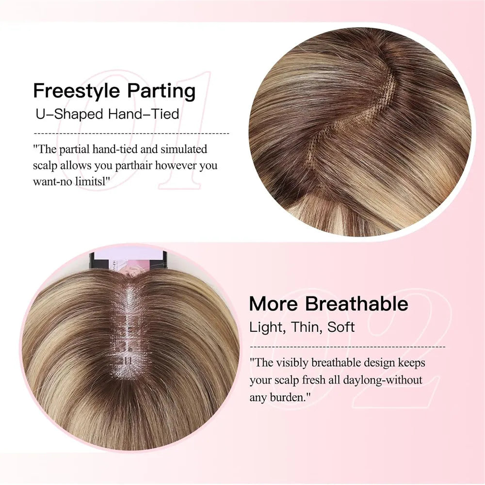12inch Brown Blonde Highlight Human Hair Topper 5*6 Large Swiss Base Hairpieces for Women Natural Looking Daily Party Use