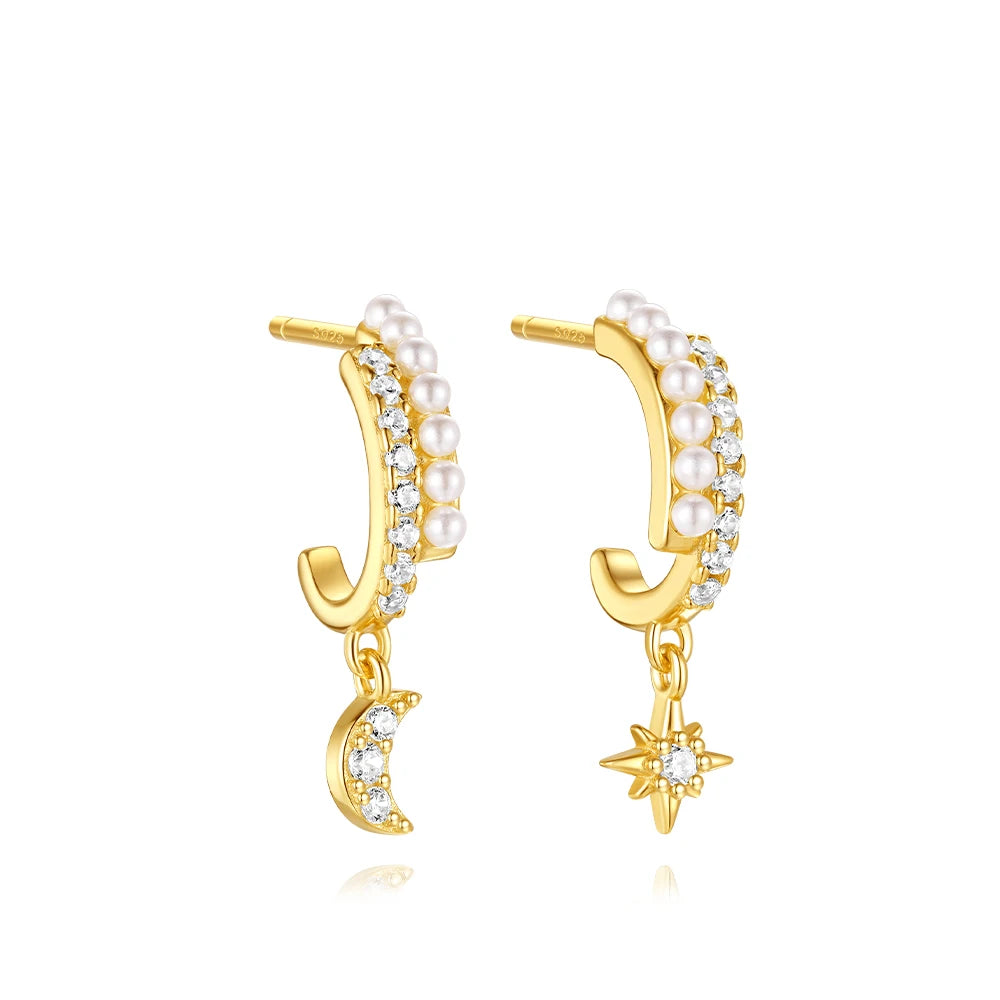 CANNER Eight Pointed Star Moon Tassel Zircon 925 Sterling Silver Drop Earrings For Women Ins Pearl Flower Minimalism Earrings