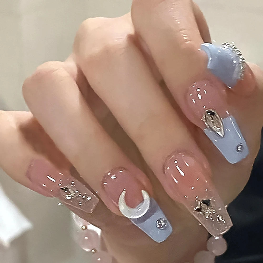 24Pcs+tools sea blue fake nails 3D moon rhinestones press on nails long coffin wearable false nail full cover luxury nails patch