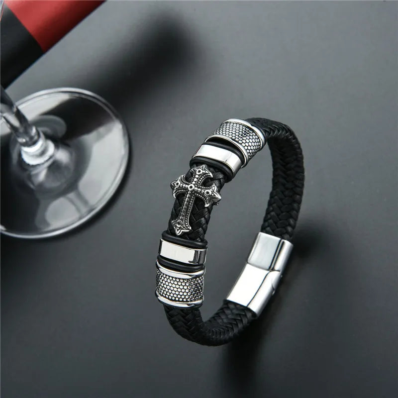 MKENDN Punk Style Stainless Steel Cross Leather Bracelet Men Charm 16 Strand Woven Leather Bracelet Magnet Clasp Boyfriend Gifts