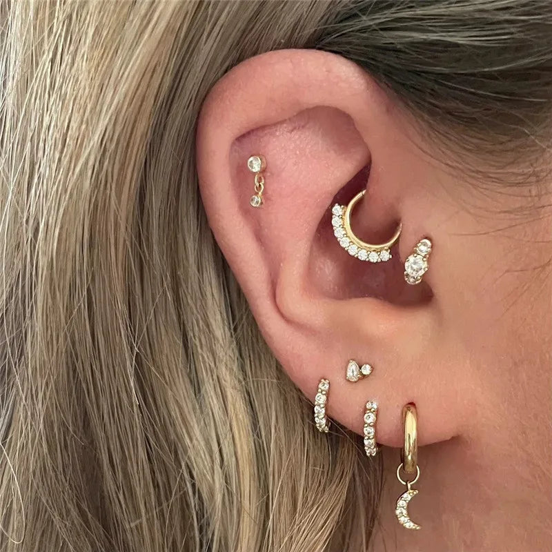 Glowshe 925 Sterling Silver Zircon Geometric Cartilage Piercing Hoop Earrings 1PCS Hip-hop Party Creative Jewelry Nose Rings