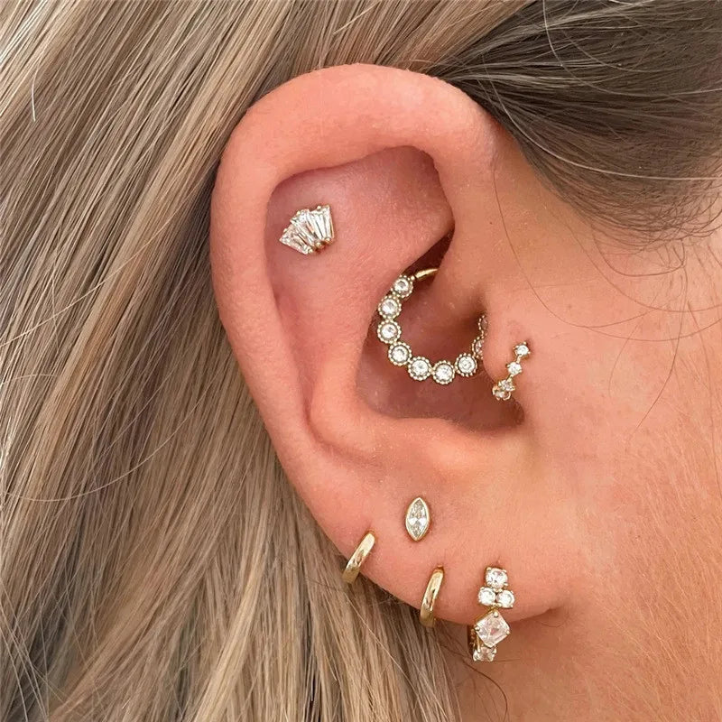 Glowshe 925 Sterling Silver Zircon Geometric Cartilage Piercing Hoop Earrings 1PCS Hip-hop Party Creative Jewelry Nose Rings
