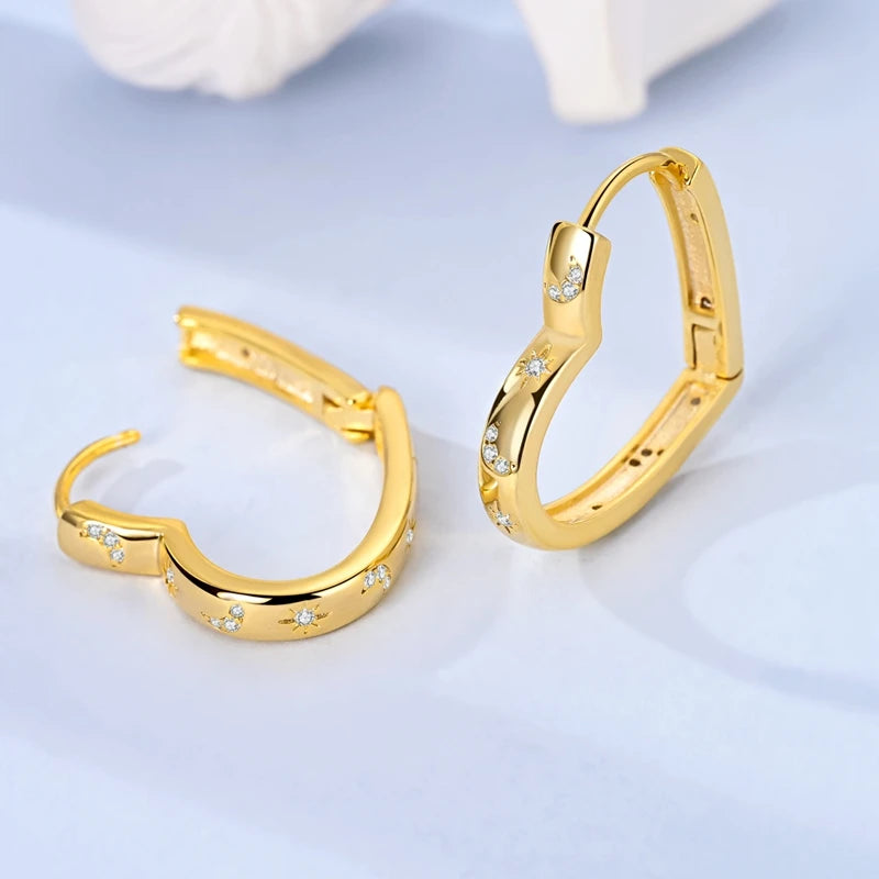 925 Sterling Silver Earrings Women Gold Plated Heart and Star Moon Hoop Earring For Anniversary Wedding Jewelry Gifts