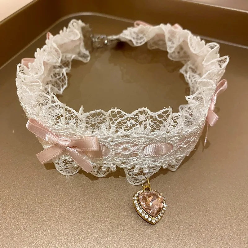 Pink Lace Bow Chokers Necklaces for Women Lolitas Heart Pendant Necklace Wide Ribbon Collar Cosplay Uniform Accessories