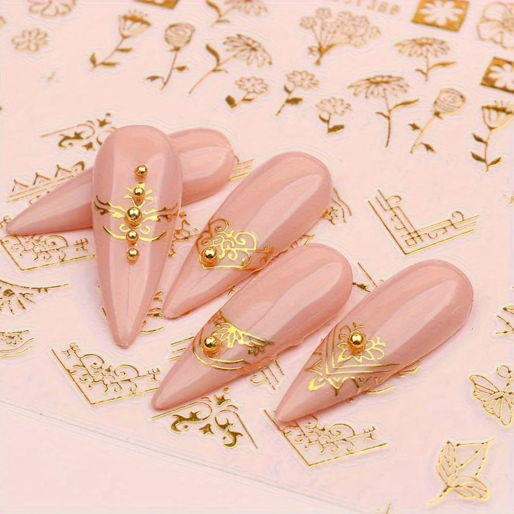 30 Sheets Golden Floral Nail Art Stickers - 3D Self-Adhesive Shimmering Leaf & Flower Designs for DIY Manicure