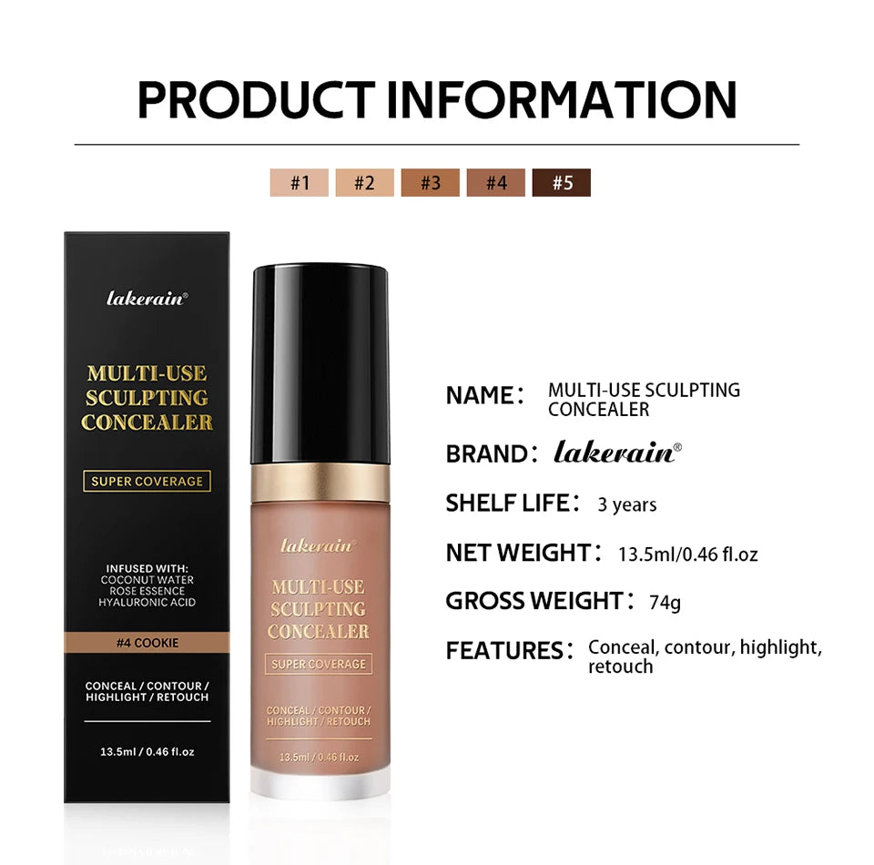 Multi-Use Foundation Long-lasting Matte Waterproof Oil Hight Full Coverage Highlight and Retouch Face Makeup for Women Lakerain