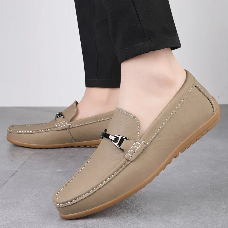 Genuine Leather Men's Casual Shoes Metal Buckle Slip-On Loafers  Breathable Light Business Shoes Fashion Male Walking Moccasins