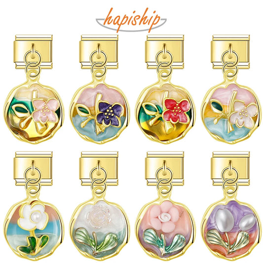 Hapiship 2025 Wholesale Romantic Flower Italian Charm Fit 9mm Stainless Steel Bracelet Drop Shipping Women Jewelry DJ1472