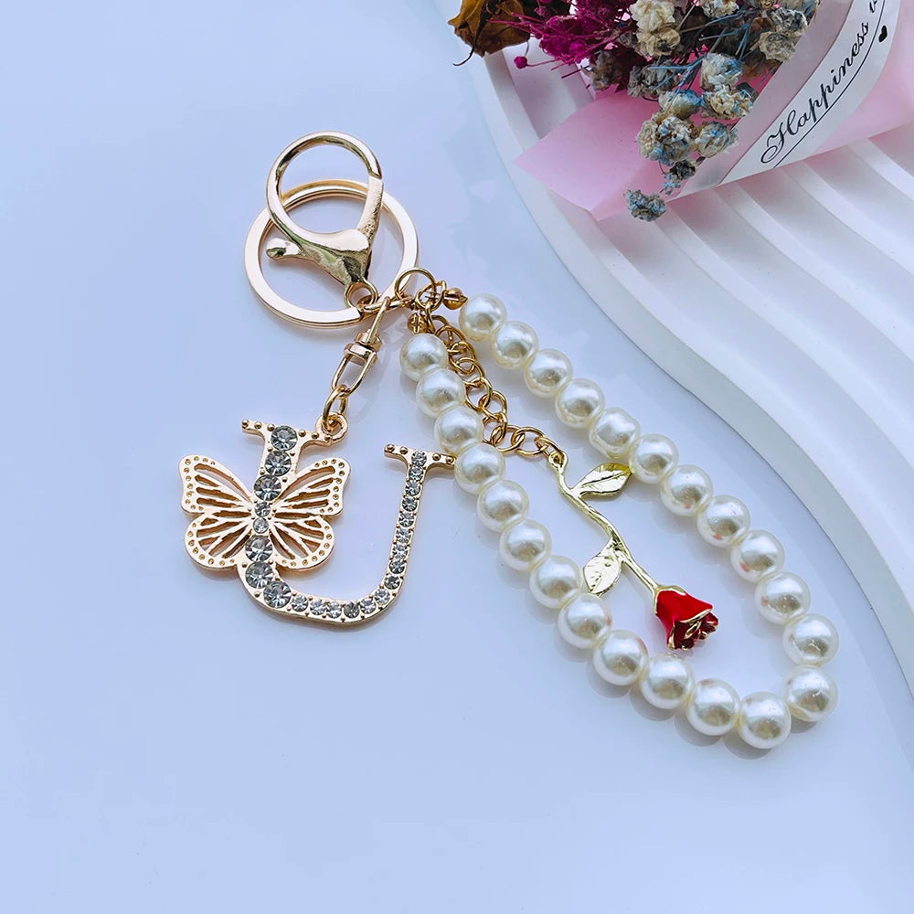 Exquisite Initial A-Z 26 Butterfly Capital Letters Red Rose Keyring Crystal Resin Pearl Beaded Keychain Bag Pendant Women Gift