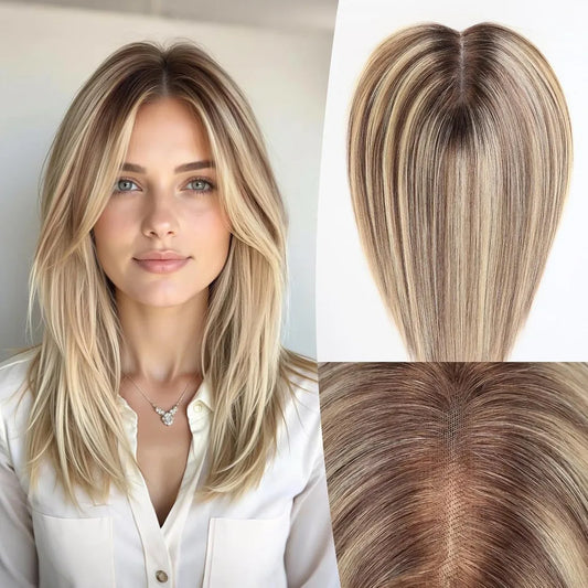 12inch Brown Blonde Highlight Human Hair Topper 5*6 Large Swiss Base Hairpieces for Women Natural Looking Daily Party Use