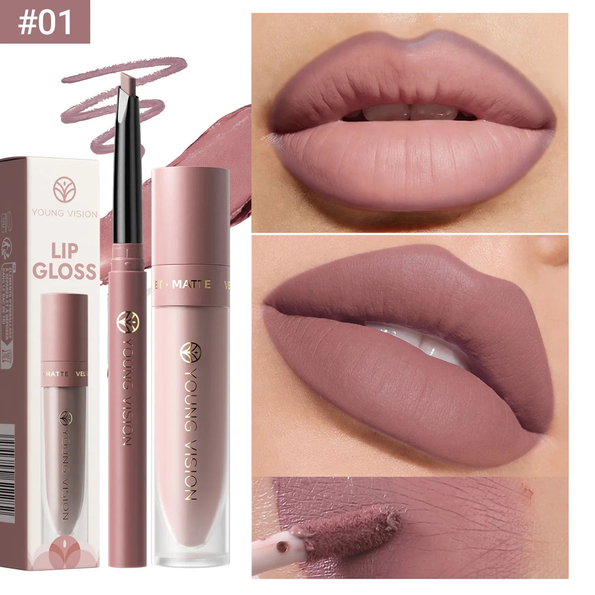 2Pcs Lip Gloss and Lip Liner Set, Matte Finish Non-Stick Cup Long-Lasting Lip Color and Liner Combo, Perfect for Defined Lips