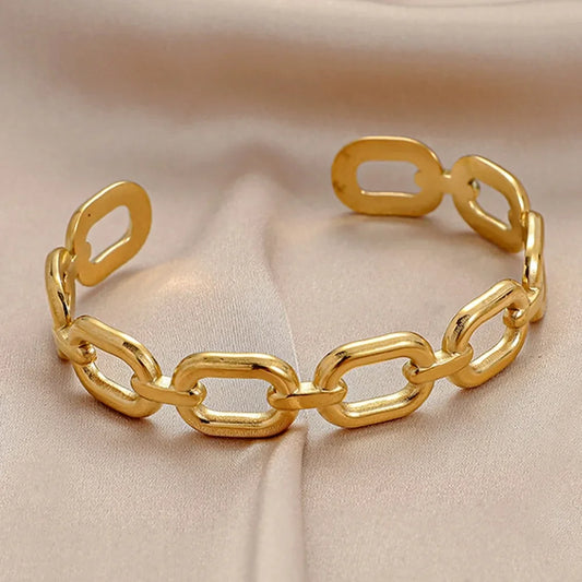 Square Link Hollow Out Open Cuff Bracelet for Women Stainless Steel Vintage Gold Color Bangle Minimalist Wedding Jewelry Gift