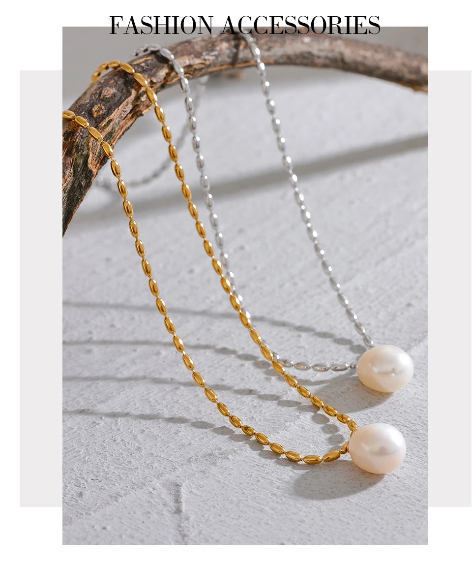 Yhpup Luxury Natural Freshwater Pearl Pendant Stainless Steel Sweet Necklace Women Stylish Exquisite Jewelry Mother Sister Gift