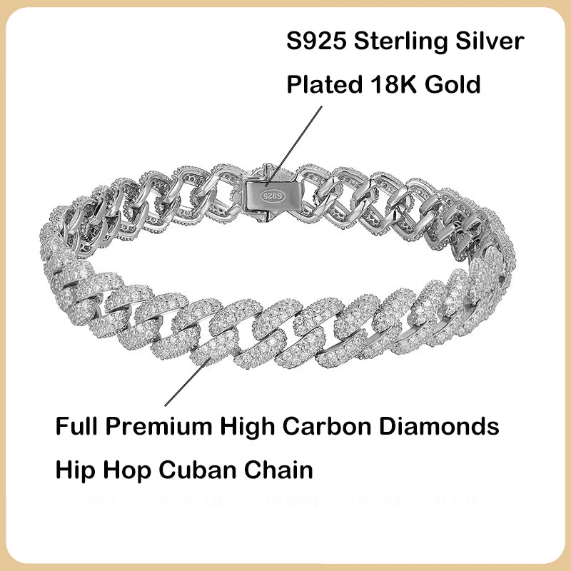 EWYA Luxury Hip Hop Full Zircon Cuban Link Chain Bracelet for Women Men S925 Silver Plated 18K High Carbon Diamond Bracelets