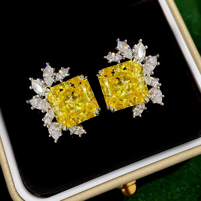 Huitan Sparkling Square Yellow Cubic Zirconia Stud Earrings for Women Wedding Party Luxury Trendy New Accessory Fashion Jewelry