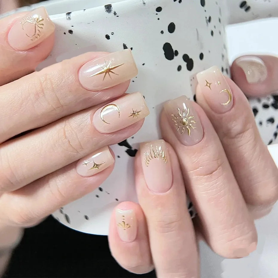 7pcs/Set Bronzing Gold/Silver Nail Art Sticker Sun Stars Moon Design Nail Decals 8*10CM Laser Bohemia Self-Adhesive Slider NLS