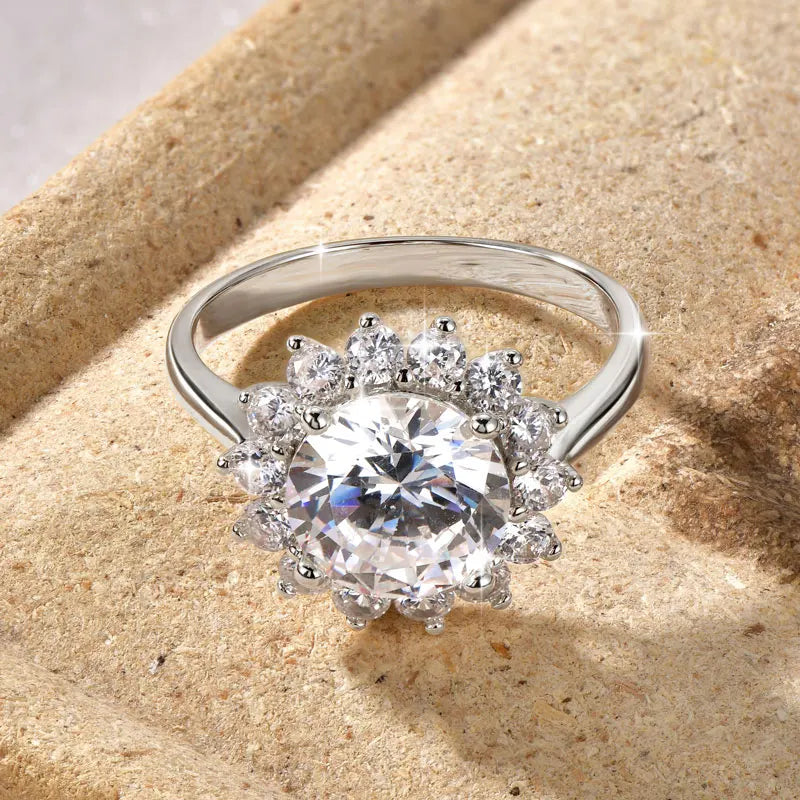 Rrjzz 9MM CZ Lab Diamond Sunshine Flower Ring 5A Cubic Zirconia Sunflower Ring for Women Valentine's Day Birthday Jewelry Gifts