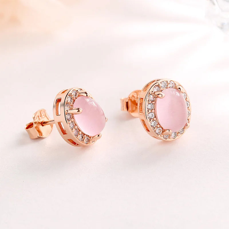 HuiSept Women Earrings 925 Silver Jewelry with Rose Quartz Zircon Gemstone Stud Earring for Girl Wedding Party Gift Accessories