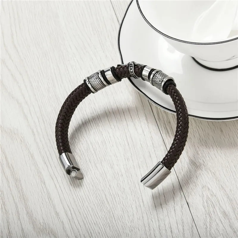 MKENDN Punk Style Stainless Steel Cross Leather Bracelet Men Charm 16 Strand Woven Leather Bracelet Magnet Clasp Boyfriend Gifts
