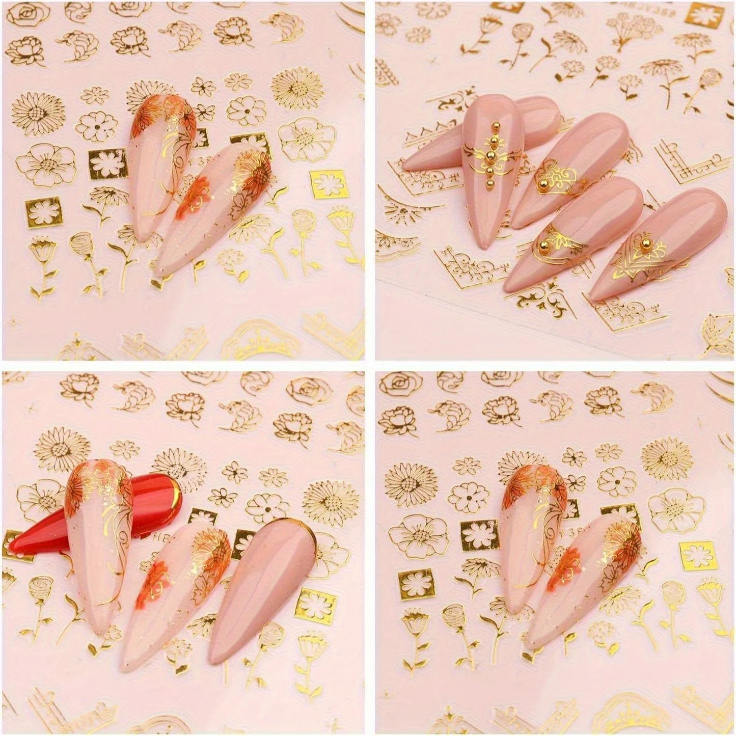 30 Sheets Golden Floral Nail Art Stickers - 3D Self-Adhesive Shimmering Leaf & Flower Designs for DIY Manicure