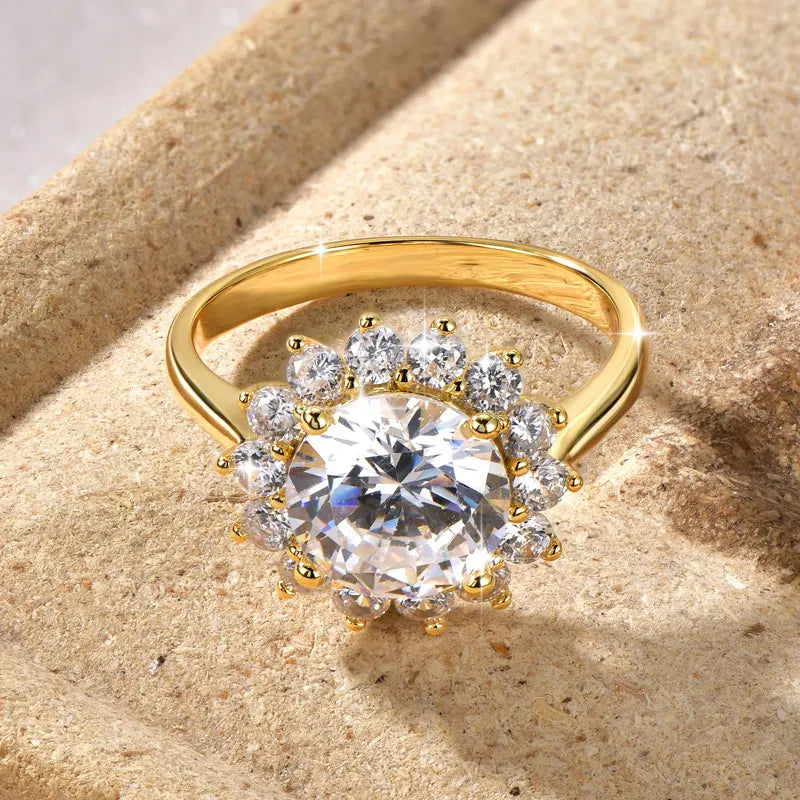 Rrjzz 9MM CZ Lab Diamond Sunshine Flower Ring 5A Cubic Zirconia Sunflower Ring for Women Valentine's Day Birthday Jewelry Gifts