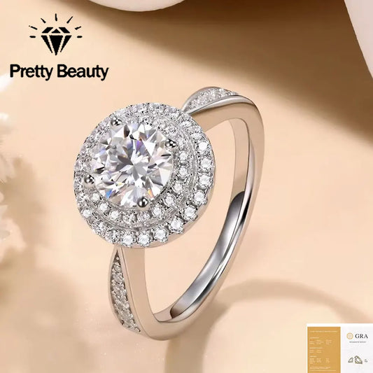 Pretty Beauty 1CT Round Moissanite Double Halo Engagement Ring for Women S925 Silver Wedding Promise Ring Anniversary Jewelry