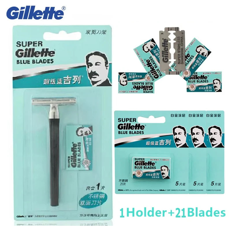 Gillette Super Blue Razor Men's Safety Manual Shaver Stainless Steel Blades Face Beard Hair Removal Classical Shaving Machine