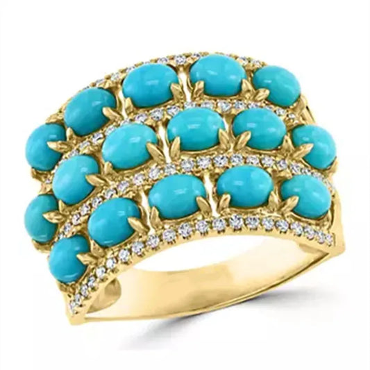 Dazzling Inlaid Imitation Turquoise White CZ Women's Ring Gold Color Geometry Daily Wear Party Jewelry Anniversary Gift