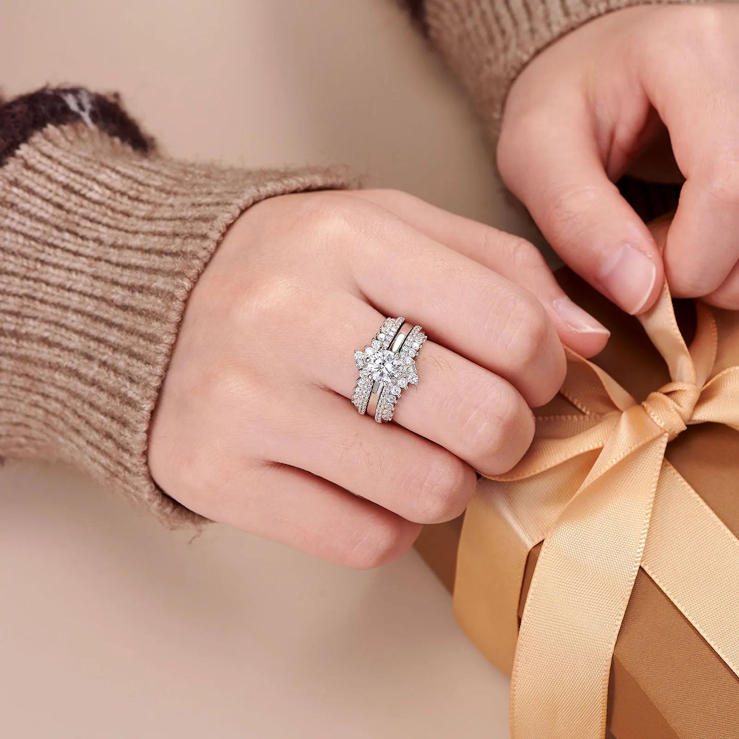 Newshe 925 Silver Bridal Set Original Wedding Rings for Women 1.8Ct Round Cut Zircon Moissanite Engagement Ring Enhancer Band