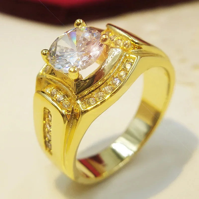 Gold Color Wedding Male Rings for Men Jewelry Crystal Ring Cubic Zirconia party Anillos Jewellery Sale New Year Gifts size 6-12